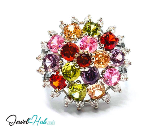 🔱 🌈 Rainbow Bloom Ring – Premium Copper · White K Plated · UK S · US 9.5 · Ruby-Like Center · Gemstone Spectrum Halo CT