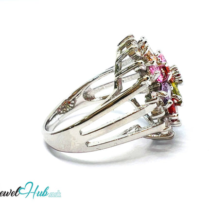 🔱 🌈 Rainbow Bloom Ring – Premium Copper · White K Plated · UK S · US 9.5 · Ruby-Like Center · Gemstone Spectrum Halo CT