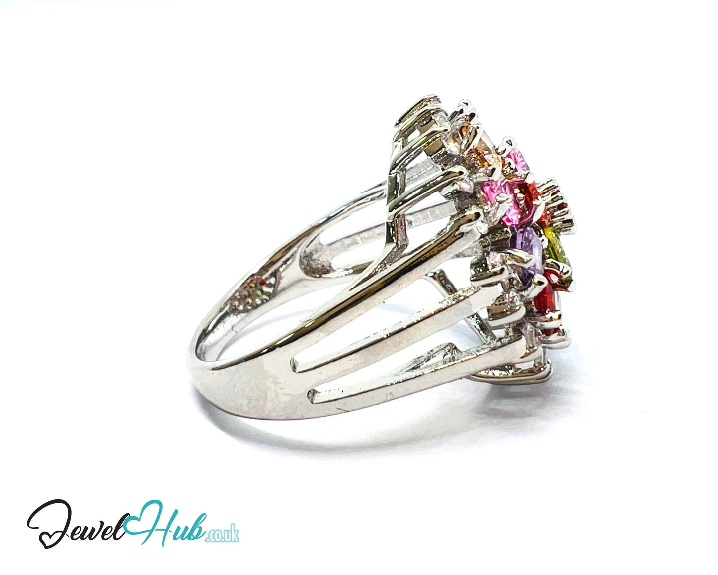 🔱 🌈 Rainbow Bloom Ring – Premium Copper · White K Plated · UK S · US 9.5 · Ruby-Like Center · Gemstone Spectrum Halo CT