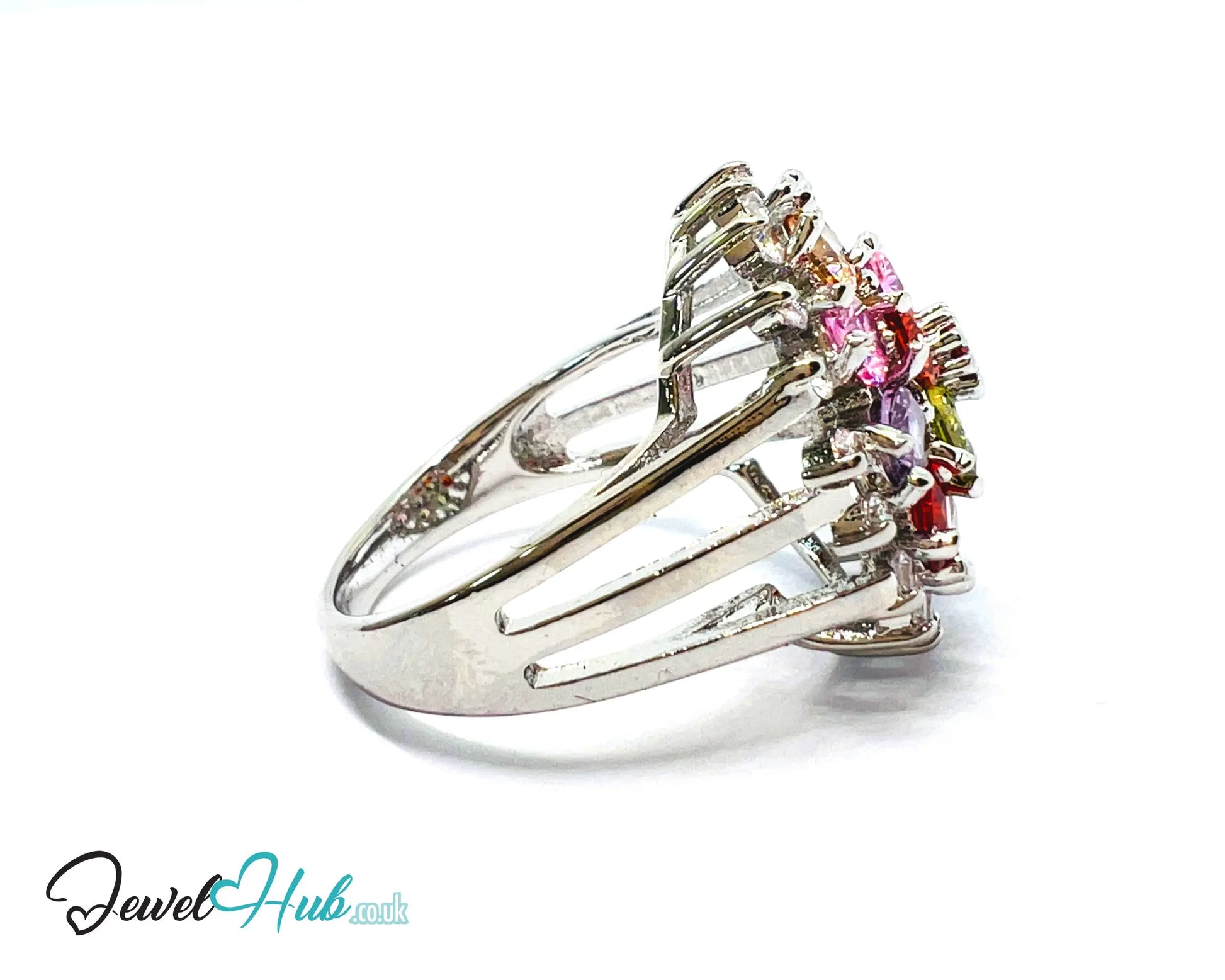 🔱 🌈 Rainbow Bloom Ring – Premium Copper · White K Plated · UK S · US 9.5 · Ruby-Like Center · Gemstone Spectrum Halo CT