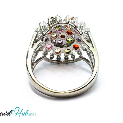 🔱 🌈 Rainbow Bloom Ring – Premium Copper · White K Plated · UK S · US 9.5 · Ruby-Like Center · Gemstone Spectrum Halo CT