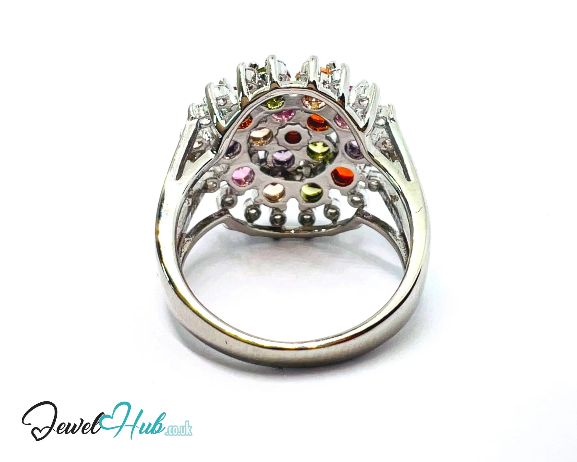 🔱 🌈 Rainbow Bloom Ring – Premium Copper · White K Plated · UK S · US 9.5 · Ruby-Like Center · Gemstone Spectrum Halo CT