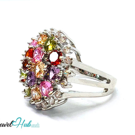 🔱 🌈 Rainbow Bloom Ring – Premium Copper · White K Plated · UK S · US 9.5 · Ruby-Like Center · Gemstone Spectrum Halo CT
