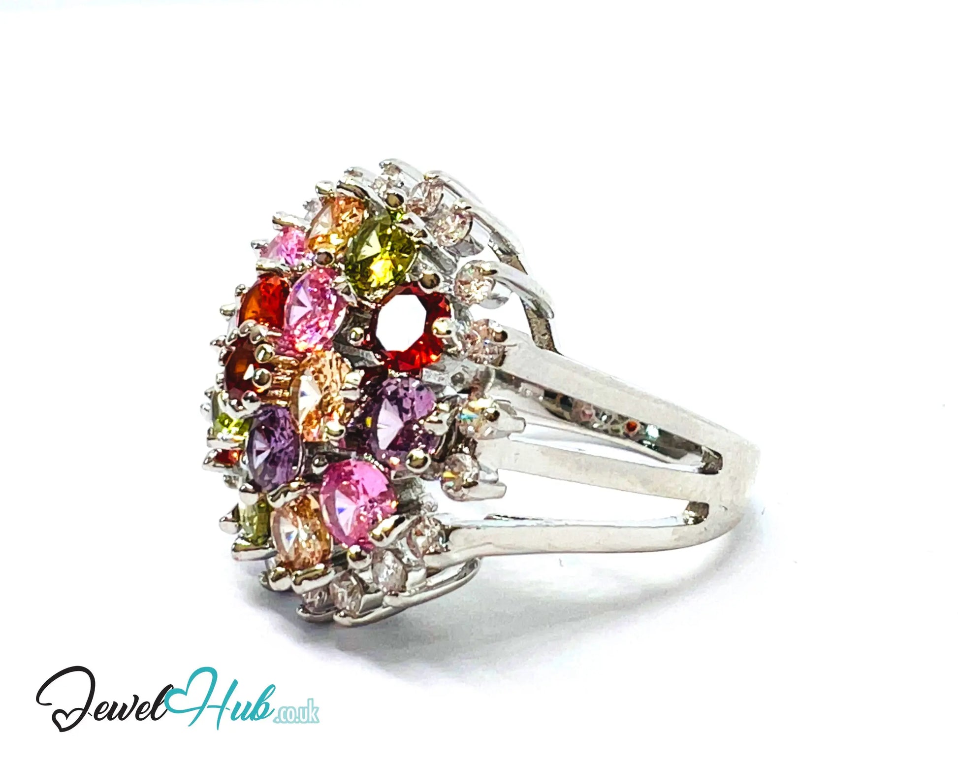 🔱 🌈 Rainbow Bloom Ring – Premium Copper · White K Plated · UK S · US 9.5 · Ruby-Like Center · Gemstone Spectrum Halo CT