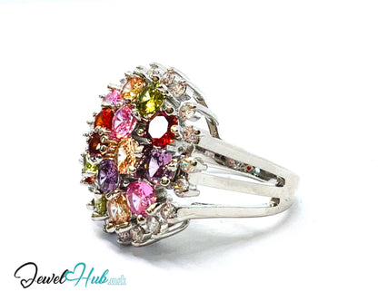 🔱 🌈 Rainbow Bloom Ring – Premium Copper · White K Plated · UK S · US 9.5 · Ruby-Like Center · Gemstone Spectrum Halo CT
