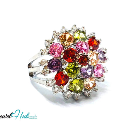 🔱 🌈 Rainbow Bloom Ring – Premium Copper · White K Plated · UK S · US 9.5 · Ruby-Like Center · Gemstone Spectrum Halo CT