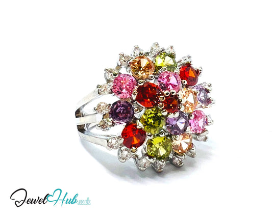 🔱 🌈 Rainbow Bloom Ring – Premium Copper · White K Plated · UK S · US 9.5 · Ruby-Like Center · Gemstone Spectrum Halo CT