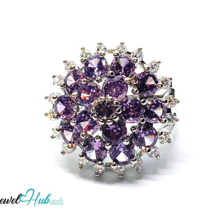 🔱 Mystic Orchid Ring – Premium Copper · White K Plated · UK P · US 8 · Amethyst-Like Center · Purple Gemstone Cluster · Zirconia Halo CT