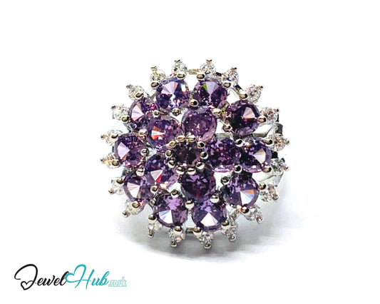🔱 Mystic Orchid Ring – Premium Copper · White K Plated · UK P · US 8 · Amethyst-Like Center · Purple Gemstone Cluster · Zirconia Halo CT