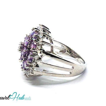 🔱 Mystic Orchid Ring – Premium Copper · White K Plated · UK P · US 8 · Amethyst-Like Center · Purple Gemstone Cluster · Zirconia Halo CT