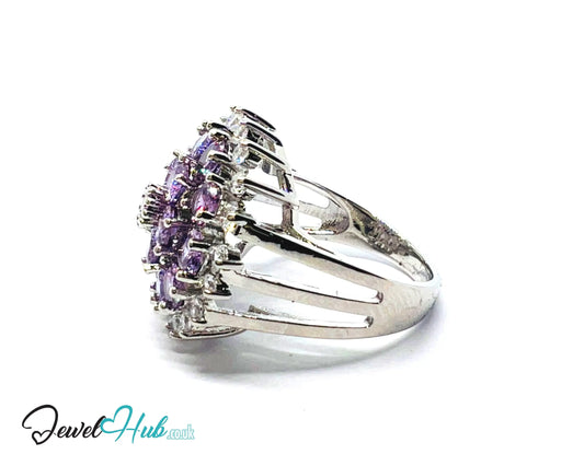 🔱 Mystic Orchid Ring – Premium Copper · White K Plated · UK P · US 8 · Amethyst-Like Center · Purple Gemstone Cluster · Zirconia Halo CT