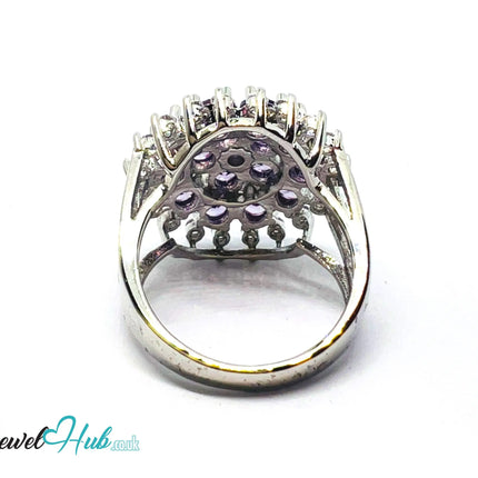 🔱 Mystic Orchid Ring – Premium Copper · White K Plated · UK P · US 8 · Amethyst-Like Center · Purple Gemstone Cluster · Zirconia Halo CT