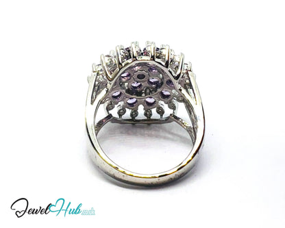 🔱 Mystic Orchid Ring – Premium Copper · White K Plated · UK P · US 8 · Amethyst-Like Center · Purple Gemstone Cluster · Zirconia Halo CT