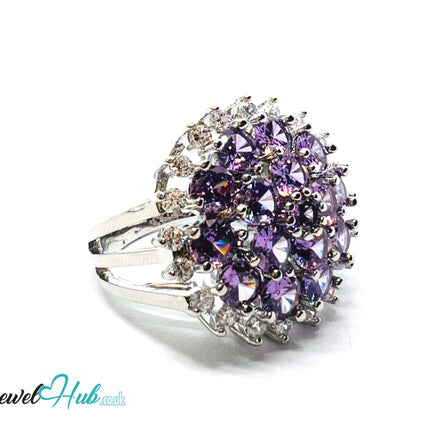 🔱 Mystic Orchid Ring – Premium Copper · White K Plated · UK P · US 8 · Amethyst-Like Center · Purple Gemstone Cluster · Zirconia Halo CT