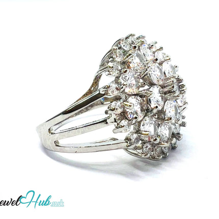🔱 Royal Bloom Ring – Premium Copper · White K Plated · UK V · US 11 · Gemstone Cluster & Zirconia Halo CT