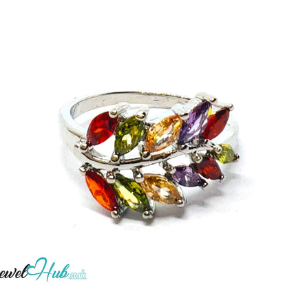 🔱 Frost Petal Arc Ring – Premium Copper · White K Plated · UK O · US 7.5 · Marquise-Cut Gem Cluster CT