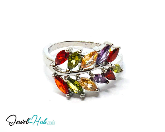 🔱 Frost Petal Arc Ring – Premium Copper · White K Plated · UK O · US 7.5 · Marquise-Cut Gem Cluster CT