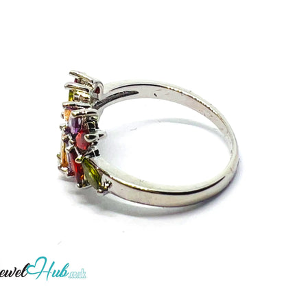 🔱 Frost Petal Arc Ring – Premium Copper · White K Plated · UK O · US 7.5 · Marquise-Cut Gem Cluster CT