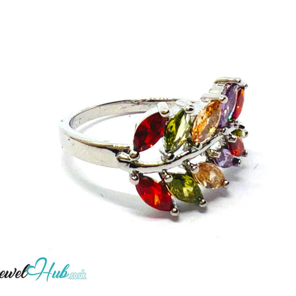 🔱 Frost Petal Arc Ring – Premium Copper · White K Plated · UK O · US 7.5 · Marquise-Cut Gem Cluster CT