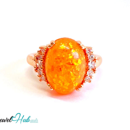 🔱 Sunset Resin Halo Ring – Rose Gold Plated Copper · UK M · US 6.5 · Oval Resin Center · CZ Halo Accent CT