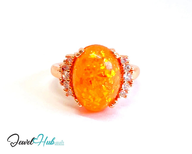 🔱 Sunset Resin Halo Ring – Rose Gold Plated Copper · UK M · US 6.5 · Oval Resin Center · CZ Halo Accent CT