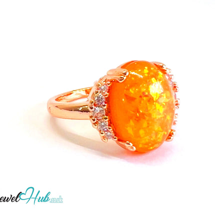 🔱 Sunset Resin Halo Ring – Rose Gold Plated Copper · UK M · US 6.5 · Oval Resin Center · CZ Halo Accent CT