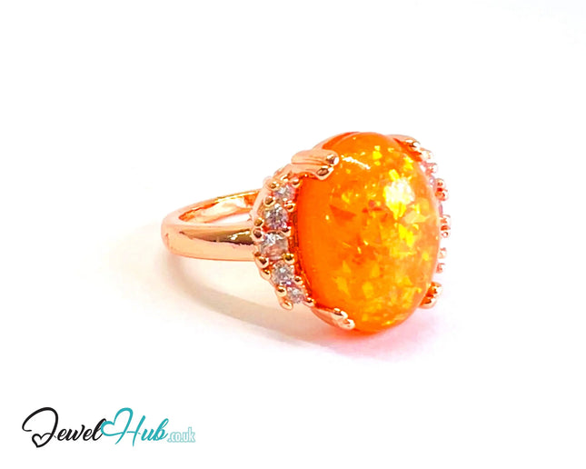 🔱 Sunset Resin Halo Ring – Rose Gold Plated Copper · UK M · US 6.5 · Oval Resin Center · CZ Halo Accent CT
