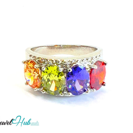 🔱 Aurora Crown Ring – White K Copper · UK Q · US 8.5  · Multicolour Gem Cluster CT