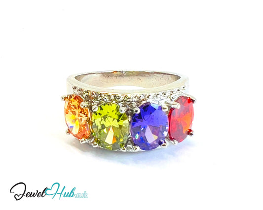 🔱 Aurora Crown Ring – White K Copper · UK Q · US 8.5  · Multicolour Gem Cluster CT