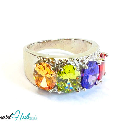 🔱 Aurora Crown Ring – White K Copper · UK Q · US 8.5  · Multicolour Gem Cluster CT