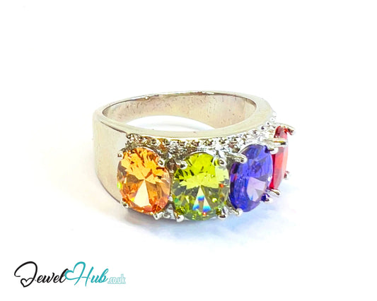 🔱 Aurora Crown Ring – White K Copper · UK Q · US 8.5  · Multicolour Gem Cluster CT