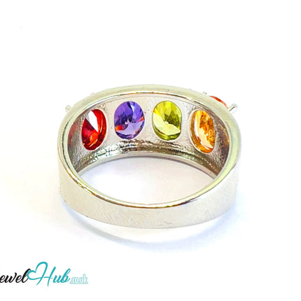 🔱 Aurora Crown Ring – White K Copper · UK Q · US 8.5  · Multicolour Gem Cluster CT