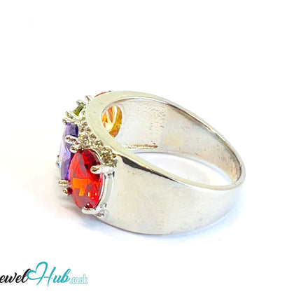 🔱 Aurora Crown Ring – White K Copper · UK Q · US 8.5  · Multicolour Gem Cluster CT