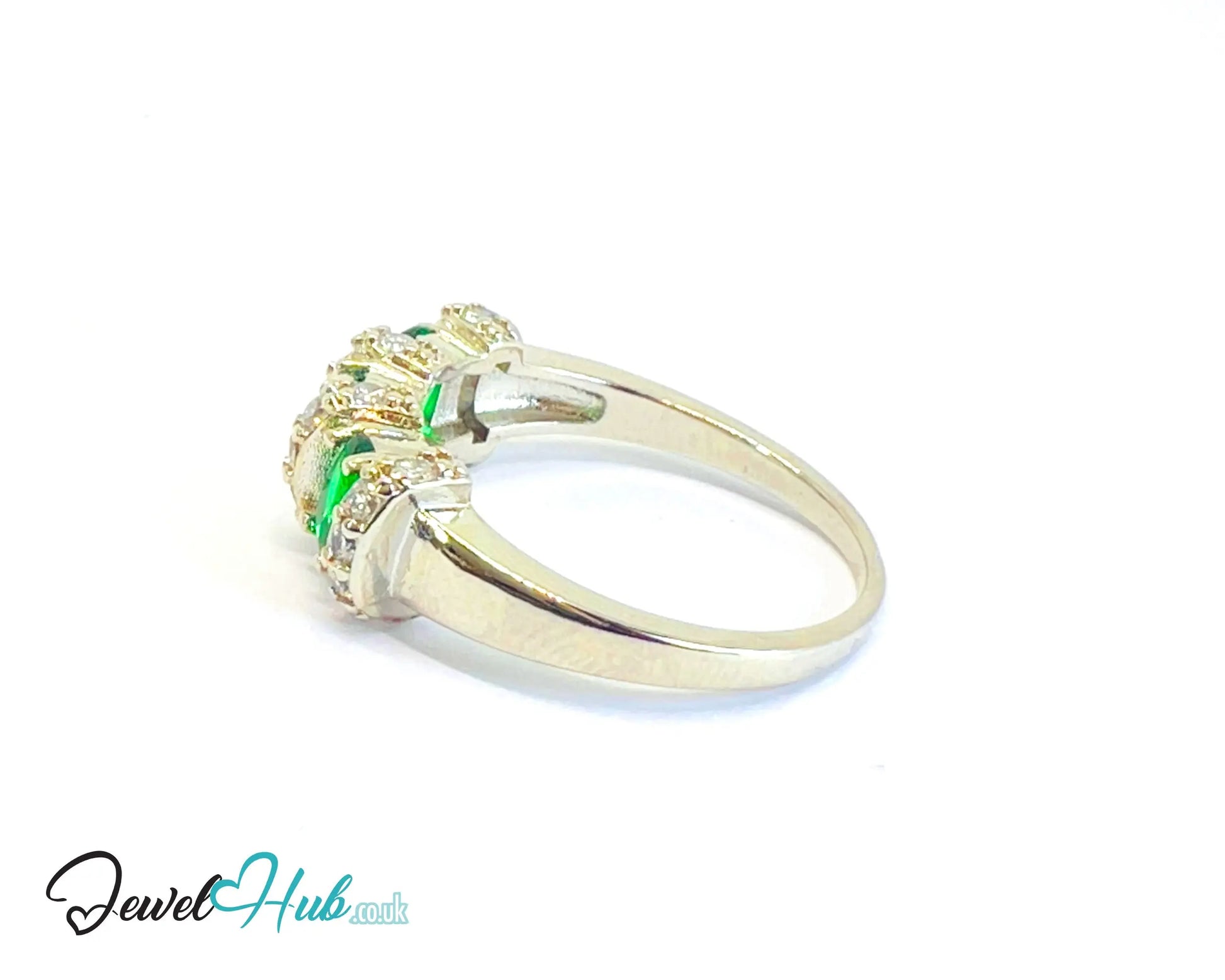 🔱 Crown Bloom Ring – Emerald Edition · White K Copper · UK U · US 10.5 · Triple Emerald Cluster · CZ Halo CT
