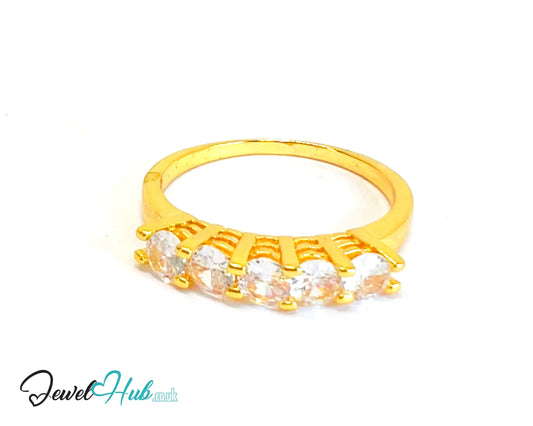 🔱 Golden Quintet Ring – Gold-Plated Copper · UK R · US 9 · Five CZ Stones · Sculptural Symmetry CT