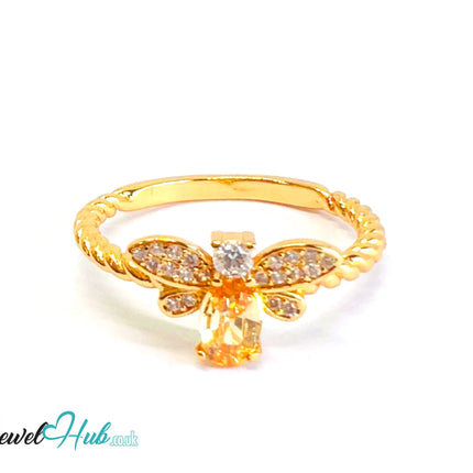 🔱 Honeylight Bee Ring – Gold-Plated Copper · UK S · US 9.5 · Light Orange Gem · CZ Wings CT