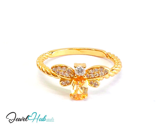 🔱 Honeylight Bee Ring – Gold-Plated Copper · UK S · US 9.5 · Light Orange Gem · CZ Wings CT