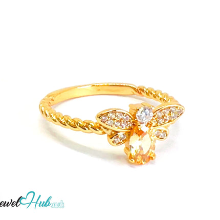🔱 Honeylight Bee Ring – Gold-Plated Copper · UK S · US 9.5 · Light Orange Gem · CZ Wings CT