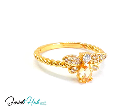 🔱 Honeylight Bee Ring – Gold-Plated Copper · UK S · US 9.5 · Light Orange Gem · CZ Wings CT