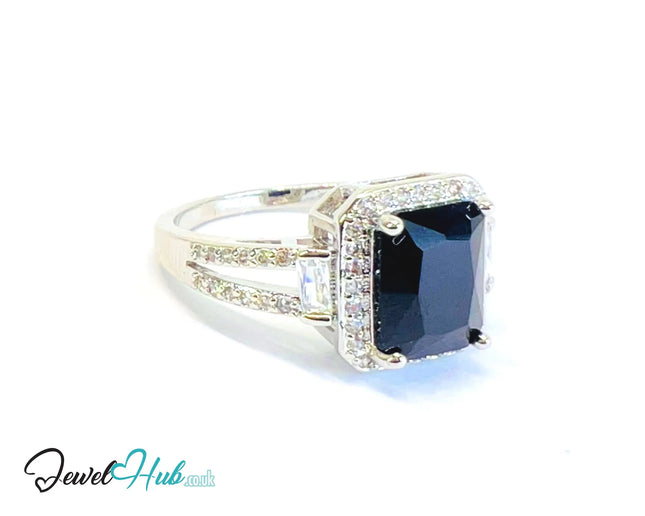 🔱 Obsidian Frame Ring – White K Copper · UK R · US 9 · Black Center Stone · CZ Geometry CT