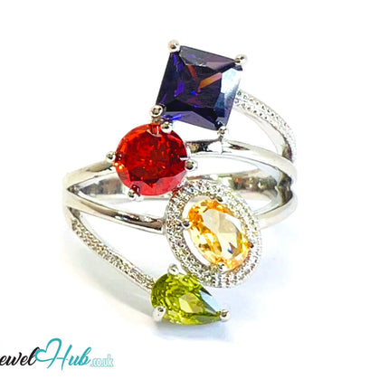 🔱 Gem Harmony Ring – White K Copper · UK R · US 9 · Multicolour Gem Quartet CT