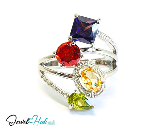 🔱 Gem Harmony Ring – White K Copper · UK R · US 9 · Multicolour Gem Quartet CT