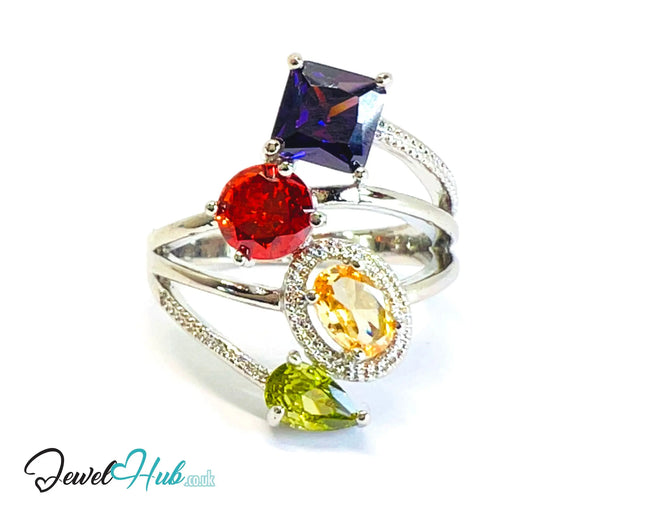 🔱 Gem Harmony Ring – White K Copper · UK R · US 9 · Multicolour Gem Quartet CT