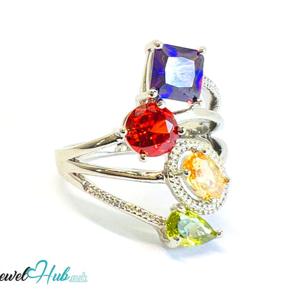 🔱 Gem Harmony Ring – White K Copper · UK R · US 9 · Multicolour Gem Quartet CT