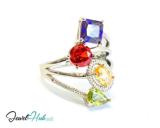🔱 Gem Harmony Ring – White K Copper · UK R · US 9 · Multicolour Gem Quartet CT