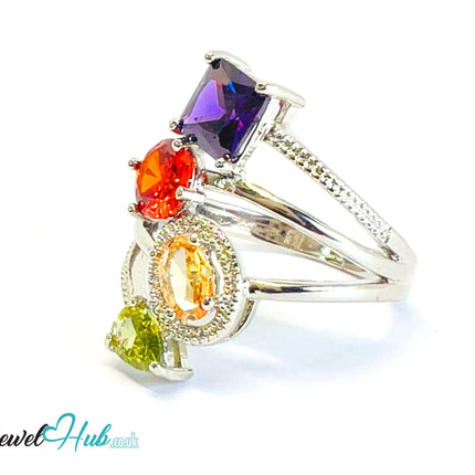 🔱 Gem Harmony Ring – White K Copper · UK R · US 9 · Multicolour Gem Quartet CT