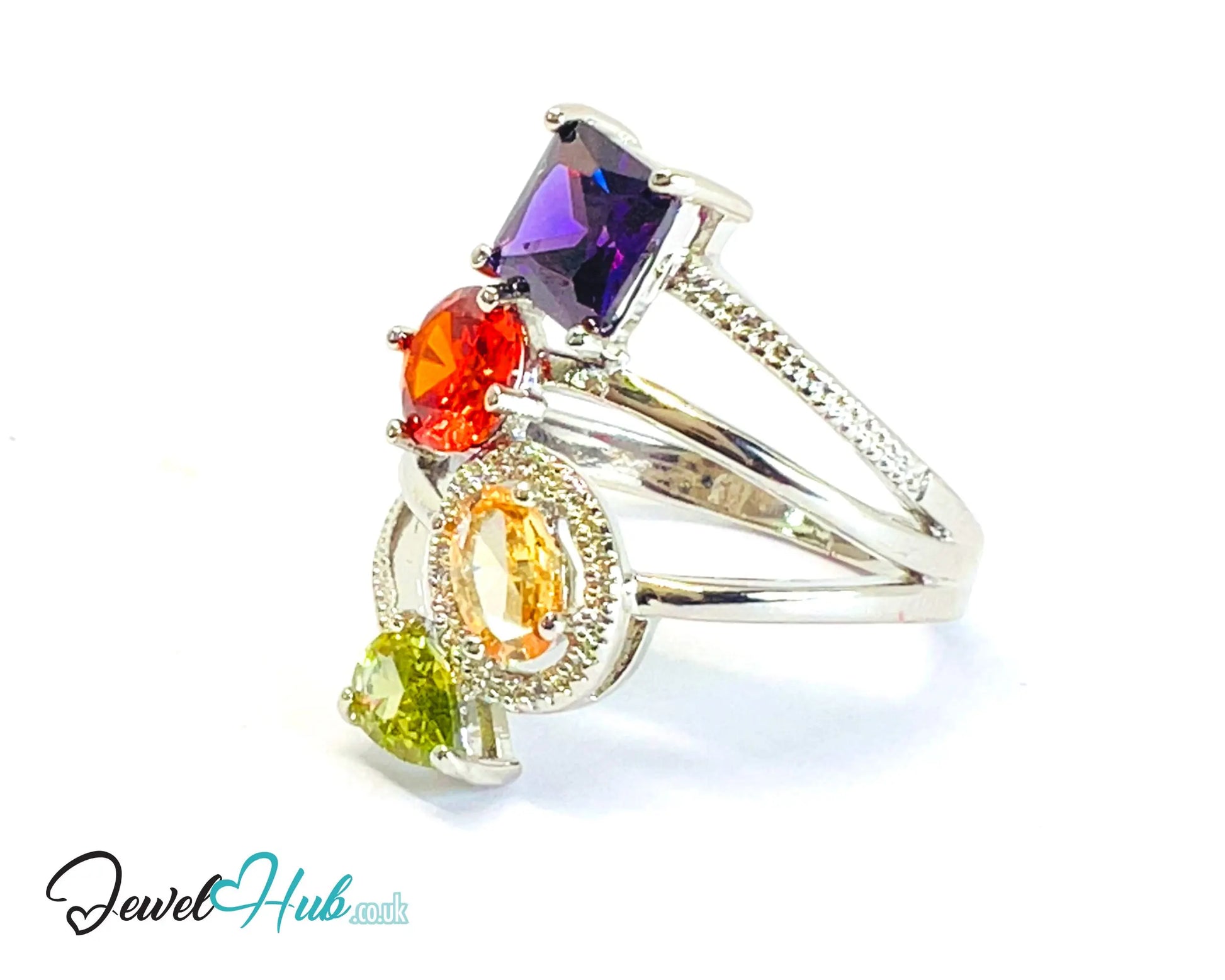 🔱 Gem Harmony Ring – White K Copper · UK R · US 9 · Multicolour Gem Quartet CT