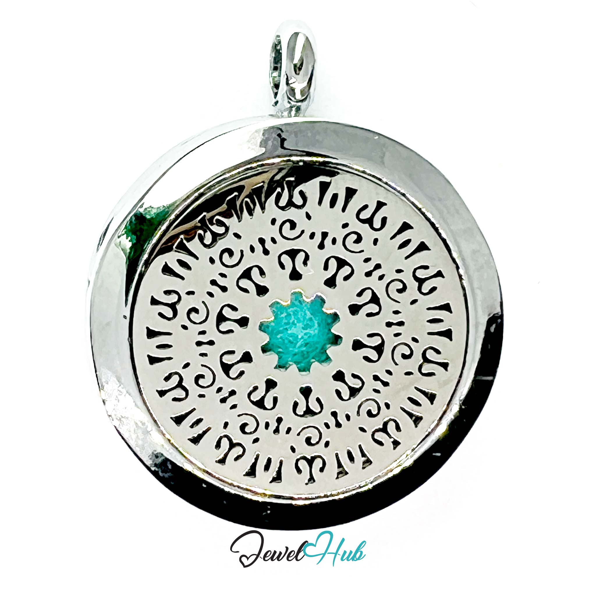 Silver pendant with intricate designs and a turquoise stone on a white background, branded 'Jewel Hub'.
