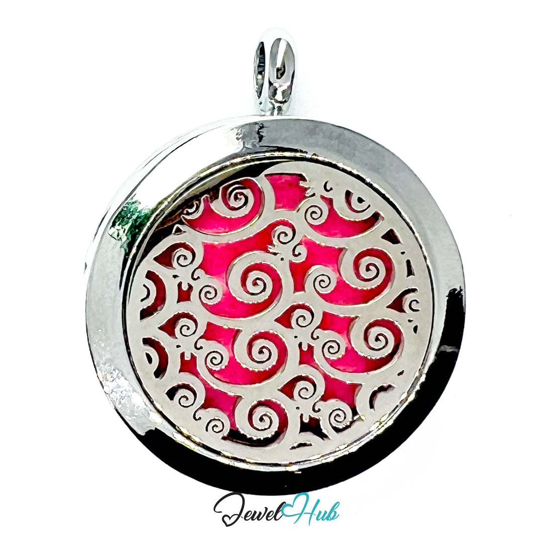 Silver locket with pink and white pattern on a white background, branded 'Jewel Hub'.