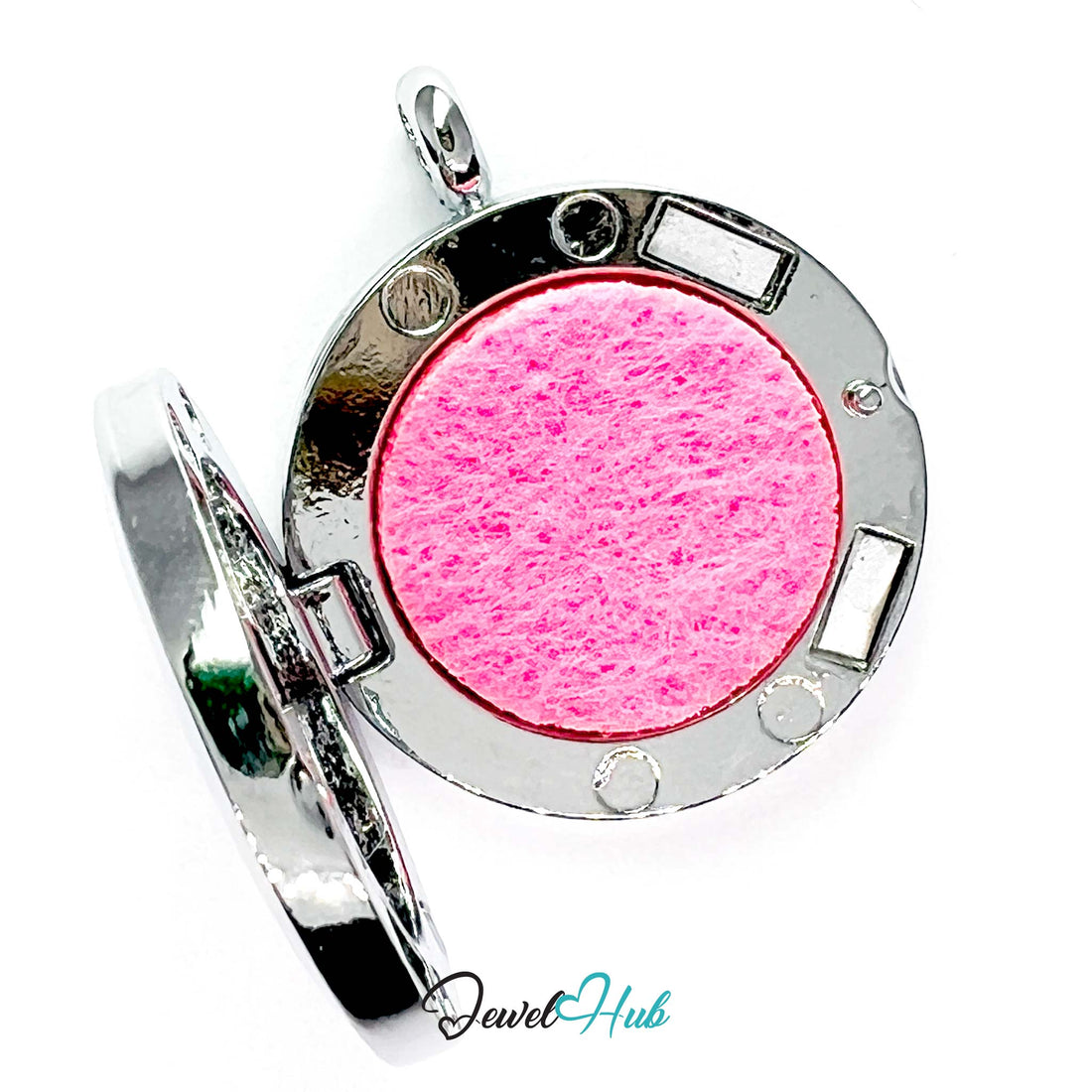 Silver locket with pink and white pattern on a white background, branded 'Jewel Hub'.